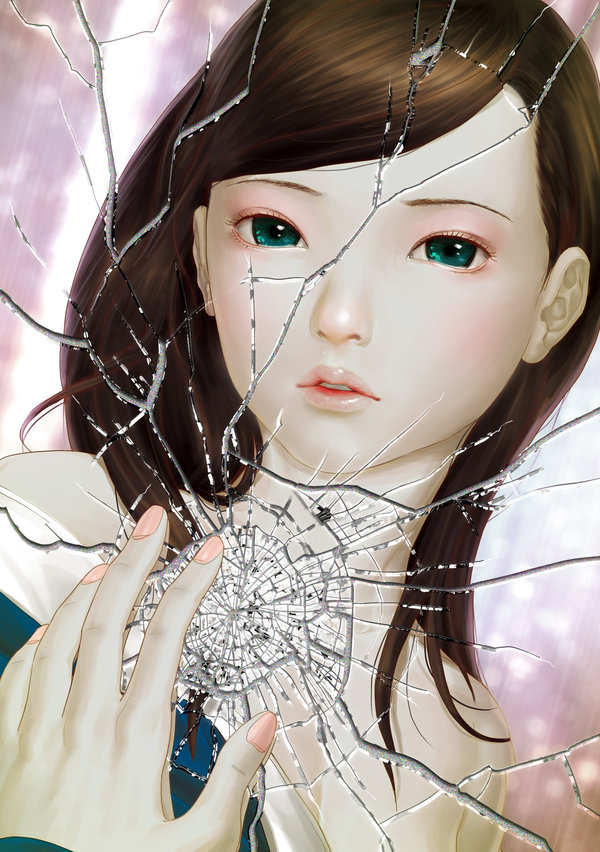blush, broken_mirror, brown_hair, copyright_request, elpinoy, face, green_eyes, hands