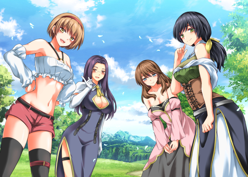 4girls, bare_shoulders, belt, bird, black_hair, blue_dress, blue_eyes, blue_sky