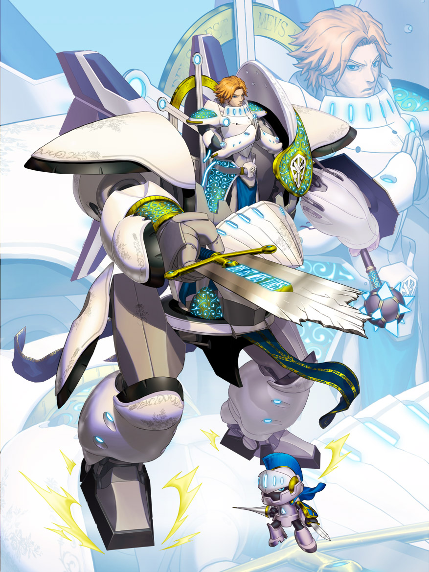 armor, battle_damage, blonde_hair, blue_eyes, chibi, copyright_request, elpinoy, frown