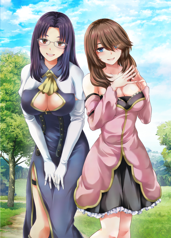 2girls, blue_eyes, brown_eyes, brown_hair, dress, elbow_gloves, gloves, kuon_makoto