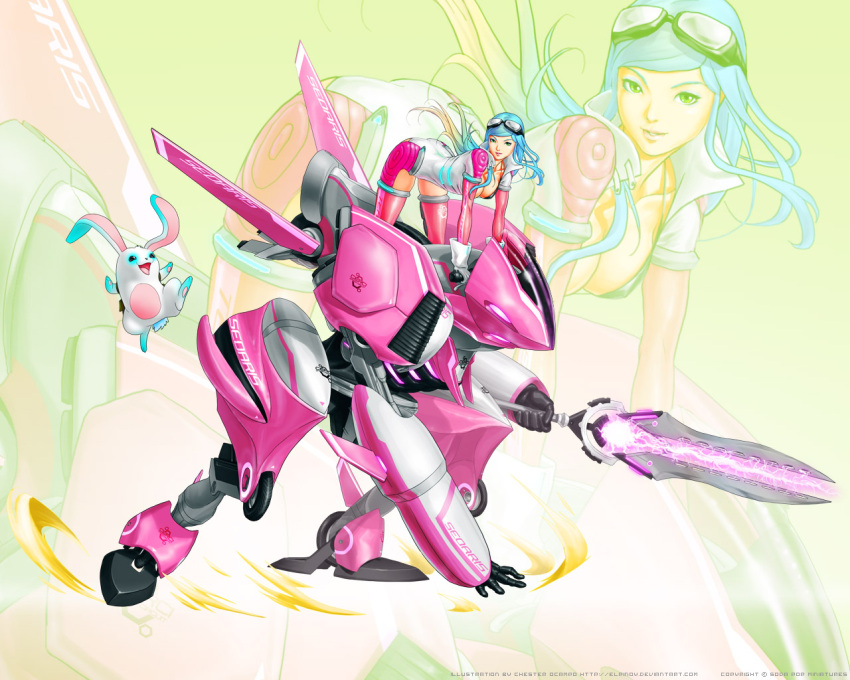 blue_eyes, blue_hair, bodysuit, bunny, copyright_request, elpinoy, glasses_on_head, gloves, goggles, goggles_on_head, long_hair, looking_at_viewer, mecha, multicolored_hair, rabbit, soda_pop_miniatures, solo, sword, thigh-highs, thighhighs, two-tone_hair, weapon, zoom_layer