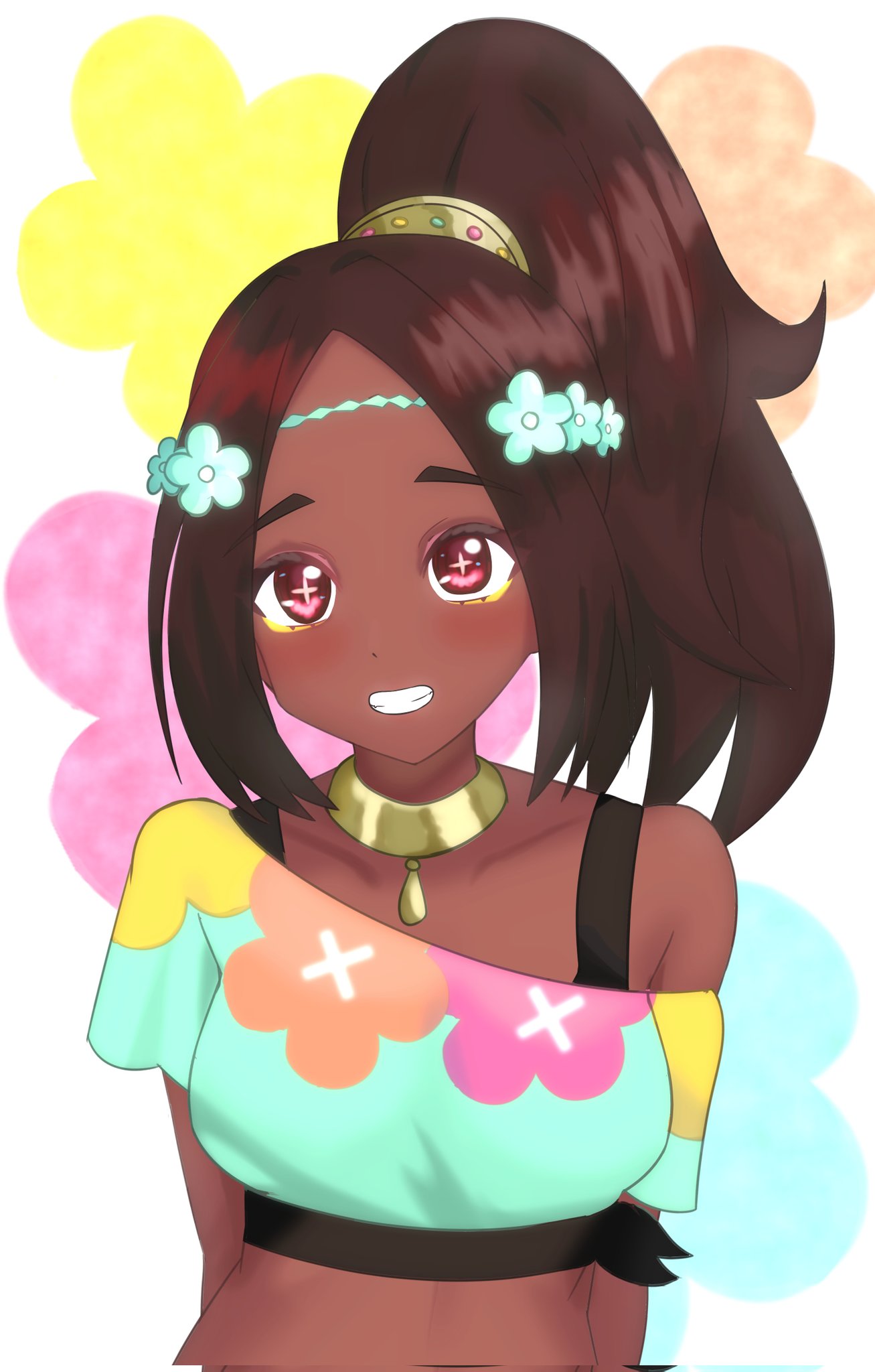 1girl, alternate_costume, blush, breasts, brown_hair, circlet, cropped_shirt, dark-skinned_female