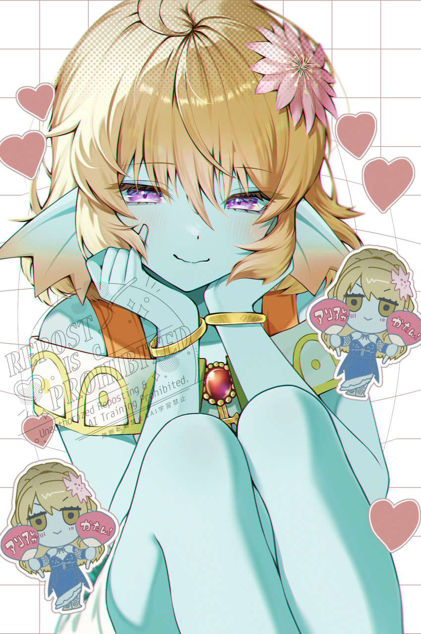 2girls, aqua_skin, aria_(dq10), blonde_hair, blue_dress, blurry, bra, bracelet