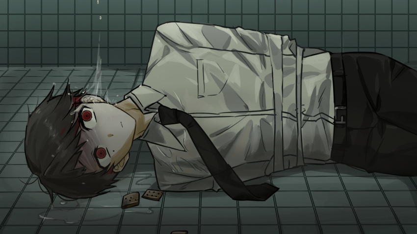 1boy, arms_behind_back, belt, black_hair, black_necktie, black_pants, bound, breast_pocket