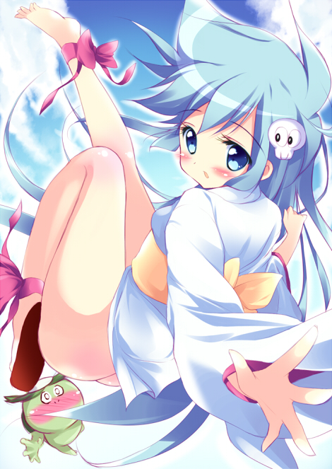 anklet, barefoot, blue_eyes, blue_hair, bottomless, dororon_enma-kun, hair_ornament, japanese_clothes, jewelry, kappaeru, kimono, long_hair, no_panties, shiratama, solo, yukiko_hime