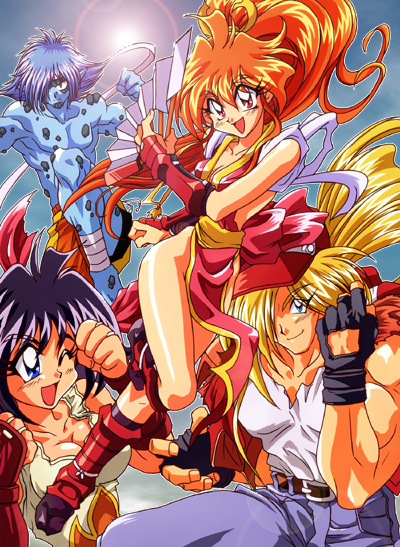 ahoge, amelia_wil_tesla_seyruun, andy_bogard, andy_bogard_(cosplay), baseball_cap, belt, black_gloves, black_hair, blonde_hair, blue_eyes, blue_skin, breasts, cleavage, clenched_hand, clenched_hands, cosplay, fan, fatal_fury, fingerless_gloves, fist, gloves, gourry_gabriev, hair_over_one_eye, happy, hat, headband, jeans, joe_higashi, joe_higashi_(cosplay), king_of_fighters, lina_inverse, long_hair, muscle, norie, open_mouth, orange_hair, parody, pointy_ears, ponytail, red_eyes, shiranui_mai, shiranui_mai_(cosplay), shirt, shirtless, short_hair, slayers, smile, snk, terry_bogard, terry_bogard_(cosplay), tribute, wink, zelgadiss_graywords