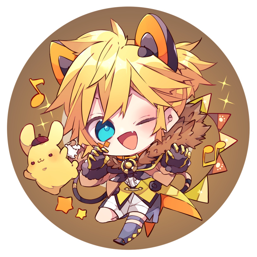 1boy, ;d, animal_ears, black_gloves, black_shoes, blonde_hair, blue_eyes, blush