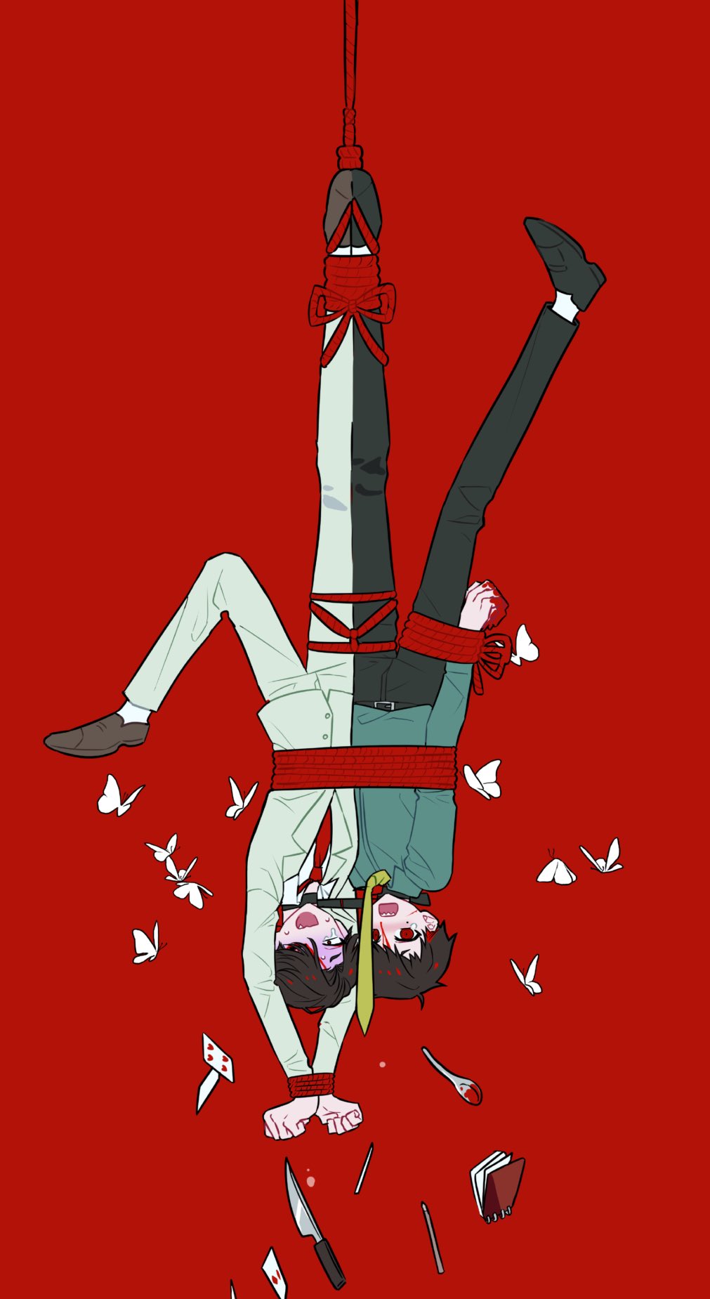 2boys, black_hair, bound, bound_wrists, bug, butterfly, fork, formal_clothes