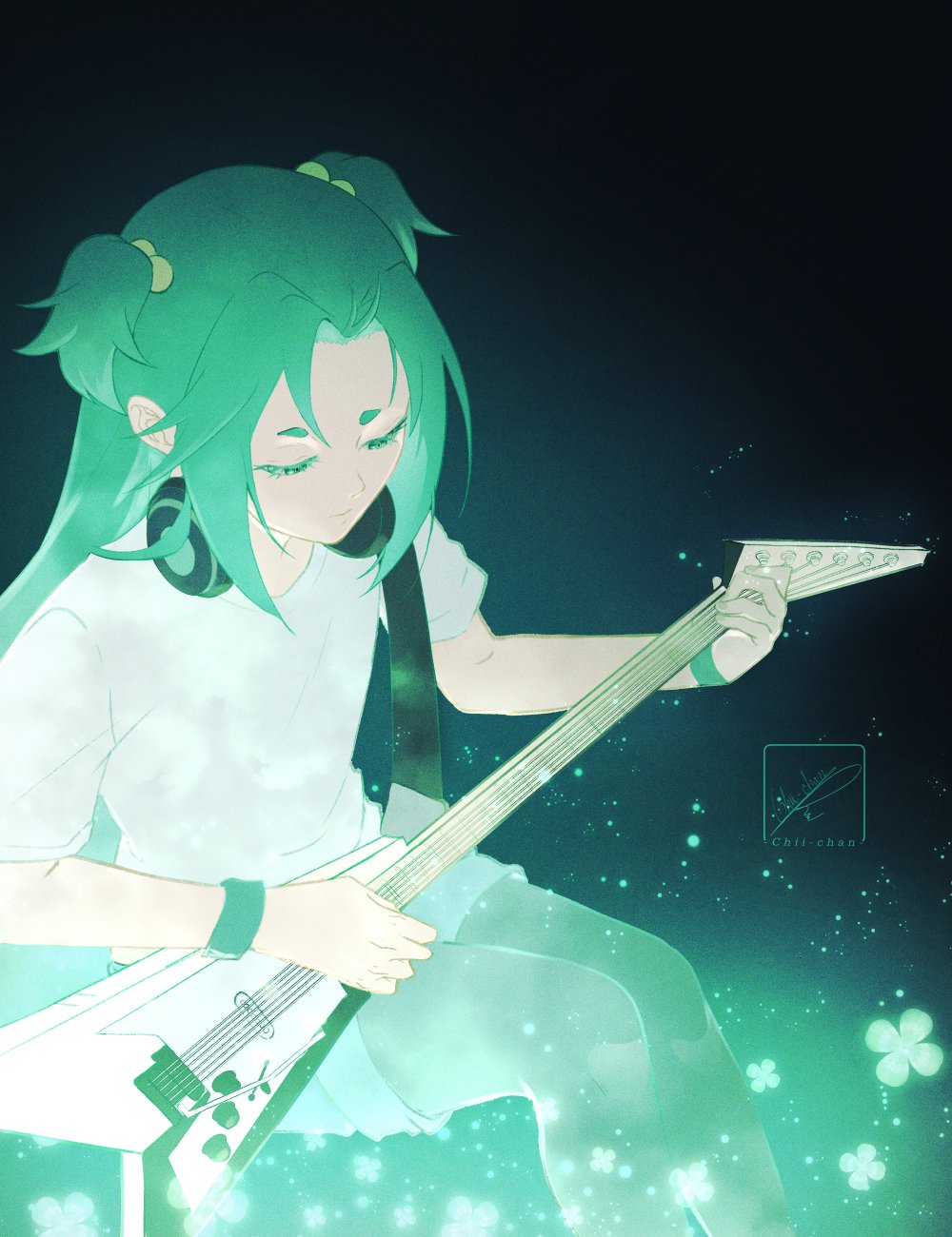 aqua_hair, chii_chan_art, clover, guitar, headphones, headphones_around_neck, highres, holding