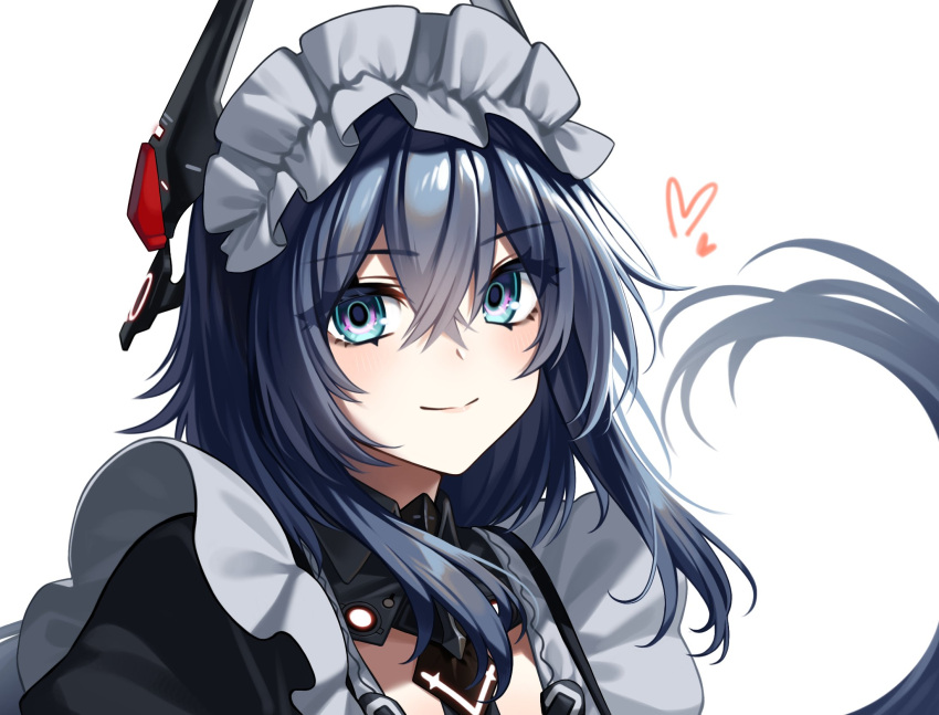 1girl, apron, black_dress, blue_eyes, closed_mouth, crossed_bangs, discord_(pgr), dress, grey_hair, hair_between_eyes, headgear, highres, long_hair, looking_at_viewer, maid_apron, maid_headdress, myam_(123ab456c), punishing:_gray_raven, solo, white_apron, white_background
