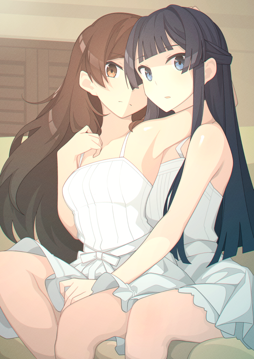 2girls, behind_another, black_hair, blue_eyes, brown_eyes, brown_hair, closed_mouth, dress, half_updo, hand_on_another's_lap, highres, idolmaster, idolmaster_million_live!, indoors, kanteraya, kitazawa_shiho, long_hair, looking_at_viewer, mogami_shizuka, multiple_girls, parted_lips, sitting, sleeveless, sleeveless_dress, white_dress, yuri