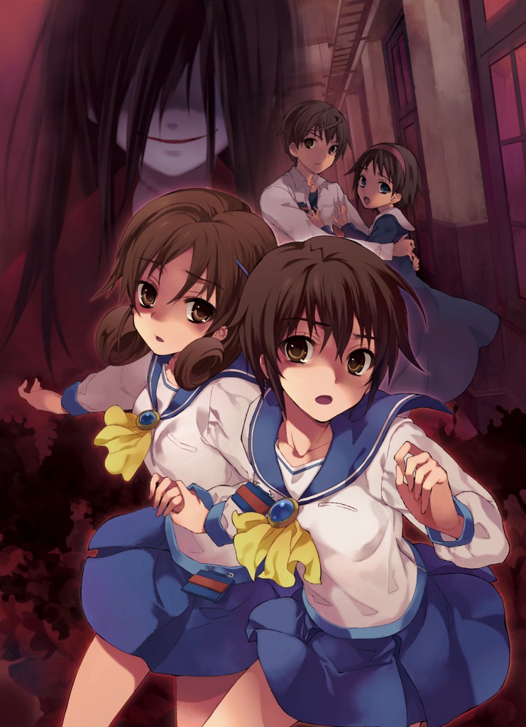 black_hair, brown_eyes, brown_hair, corpse_party, dress, hair_over_eyes, hairband, hand_holding, holding_hands, mochida_satoshi, mochida_yuka, nakashima_naomi, name_tag, official_art, school_uniform, shinohara_seiko, shinozaki_sachiko