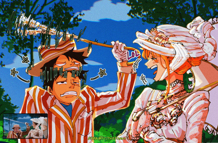 +++, 1boy, 1girl, bert_(mary_poppins), bert_(mary_poppins)_(cosplay), black_hair, blue_sky, blush