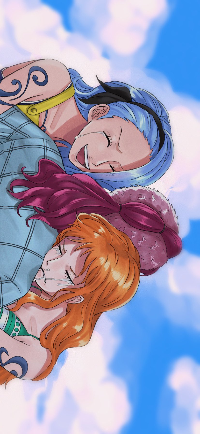 3girls, a_maru_8911, apron, arm_tattoo, bellemere, blue_hair, blue_sky, closed_eyes
