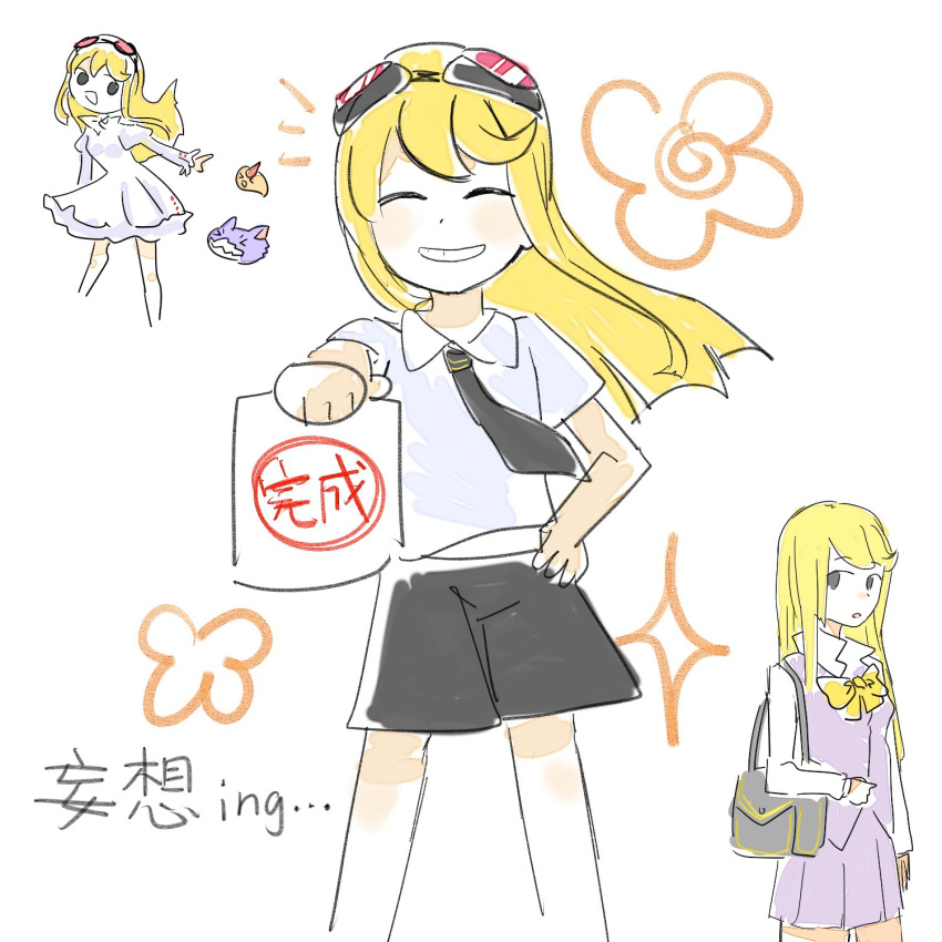 1girl, aged_down, barobakuoikawa, blonde_hair, digimon, digimon_(creature), digimon_story:_cyber_sleuth, eyewear_on_head