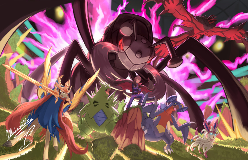 1boy, animal, antennae, aura, black_sclera, blue_pants, blue_shirt, brown_hair