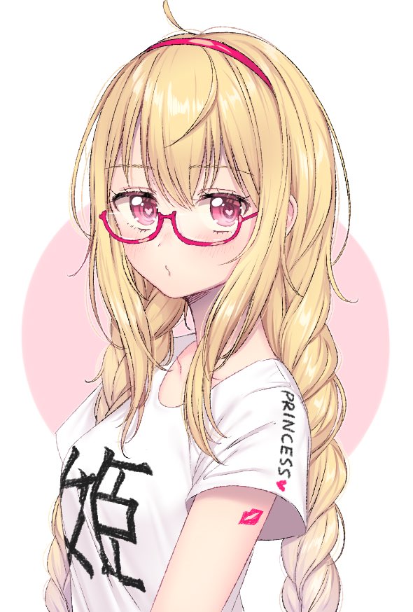 1girl, ahoge, blonde_hair, blush, braid, breasts, circle, closed_mouth
