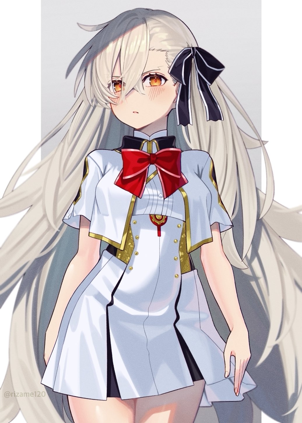 1girl, alternate_costume, black_ribbon, blush, bow, bowtie, capelet, commentary_request