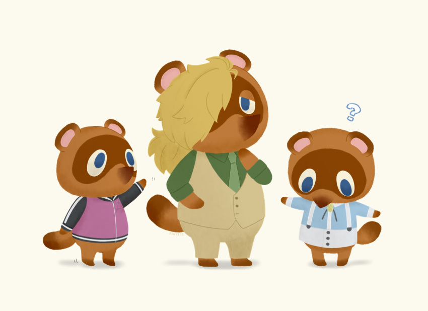 3boys, animal_crossing, blonde_hair, blue_eyes, crossover, hair_over_one_eye, inugami_kohachi, iwakiyamayukisatoshironanogojuurokushi_akira, jiuyiji11, kemono_jihen, multiple_boys, tademaru_shiki, tanuki, tom_nook_(animal_crossing)