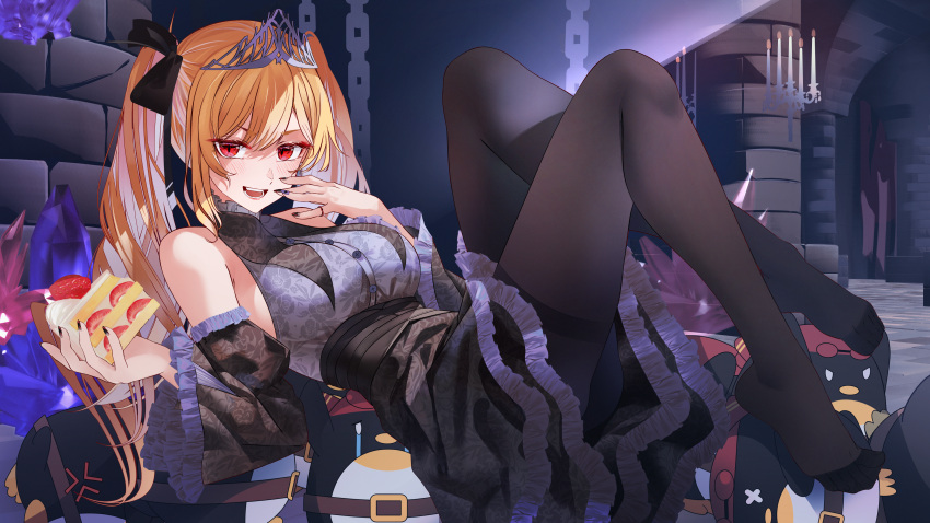 1girl, absurdres, alternate_costume, black_nails, black_pantyhose, blonde_hair, blush, bow