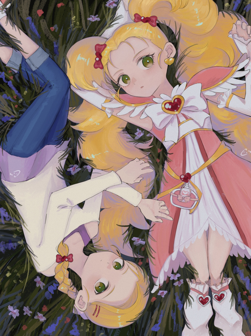 2girls, absurdres, amoto_kasora, arm_up, bag_bow, blonde_hair, bow, bowtie