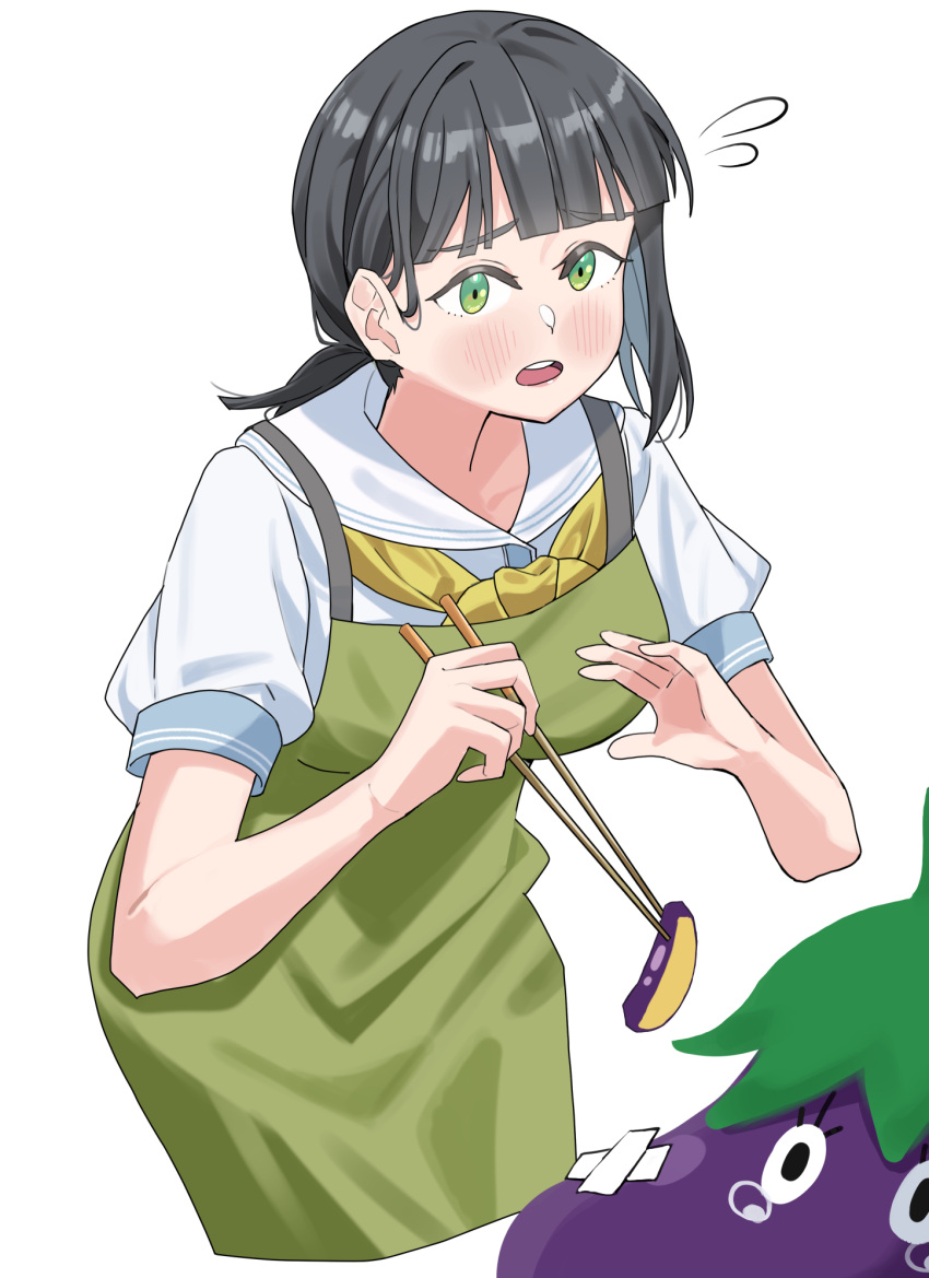 1girl, apron, blush, breasts, chopsticks, commentary_request, crossed_bandaids, d: