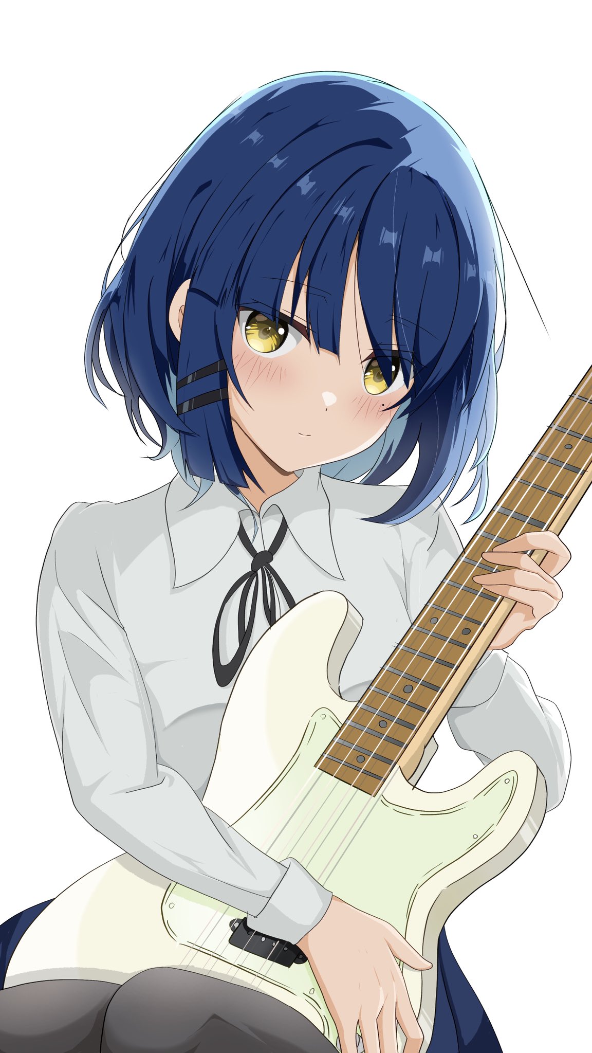 1girl, awaco_ruku, bass_guitar, black_bow, black_ribbon, black_skirt, blue_hair, blush