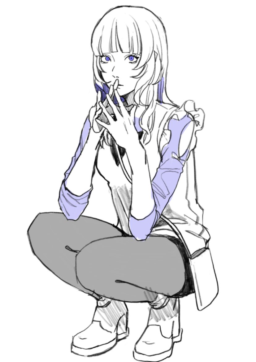 1girl, ankle_boots, bag, blunt_bangs, boots, clothing_cutout, crossbody_bag, elbow_rest