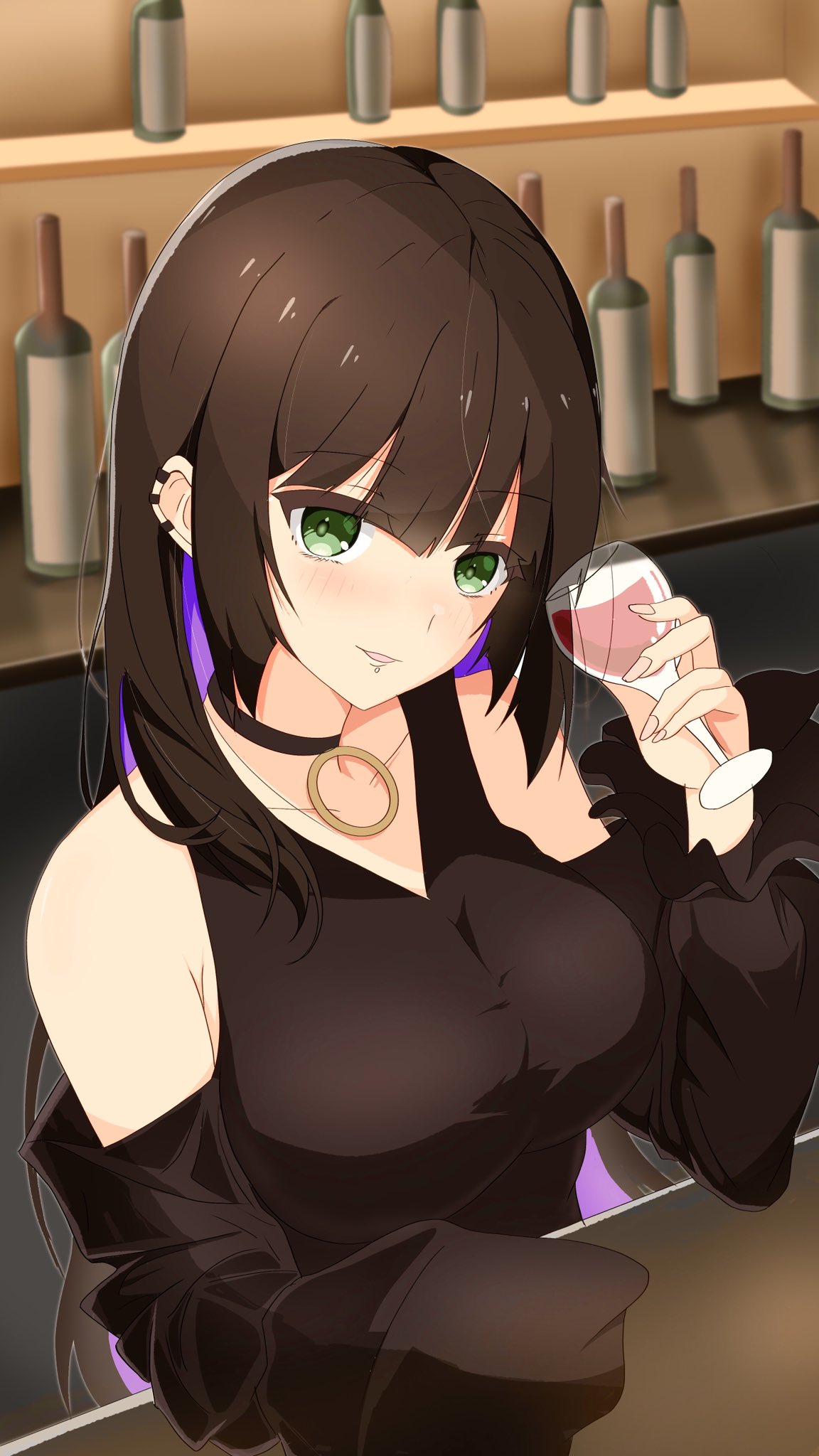 1girl, alcohol, aqua_eyes, awaco_ruku, bar_(place), black_choker, black_dress, black_hair