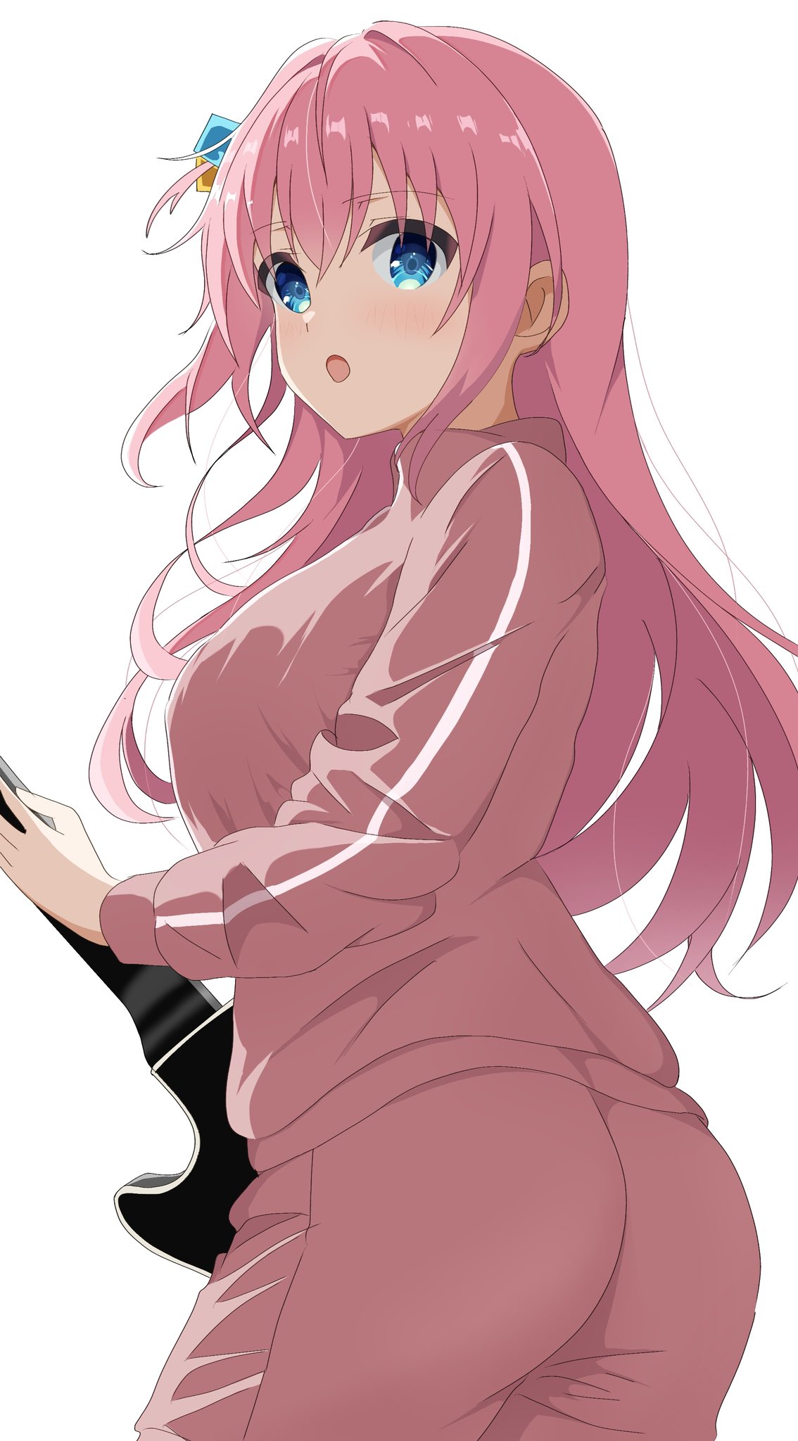 1girl, :o, awaco_ruku, blush, bocchi_the_rock!, breasts, cube_hair_ornament, electric_guitar