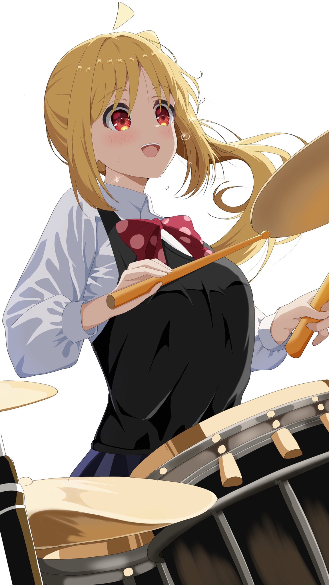 1girl, :d, ahoge, awaco_ruku, black_skirt, black_sweater, black_sweater_vest, blonde_hair