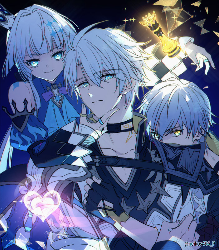 1girl, 2boys, antenna_hair, armor, ascot, bare_shoulders, black_background, black_choker