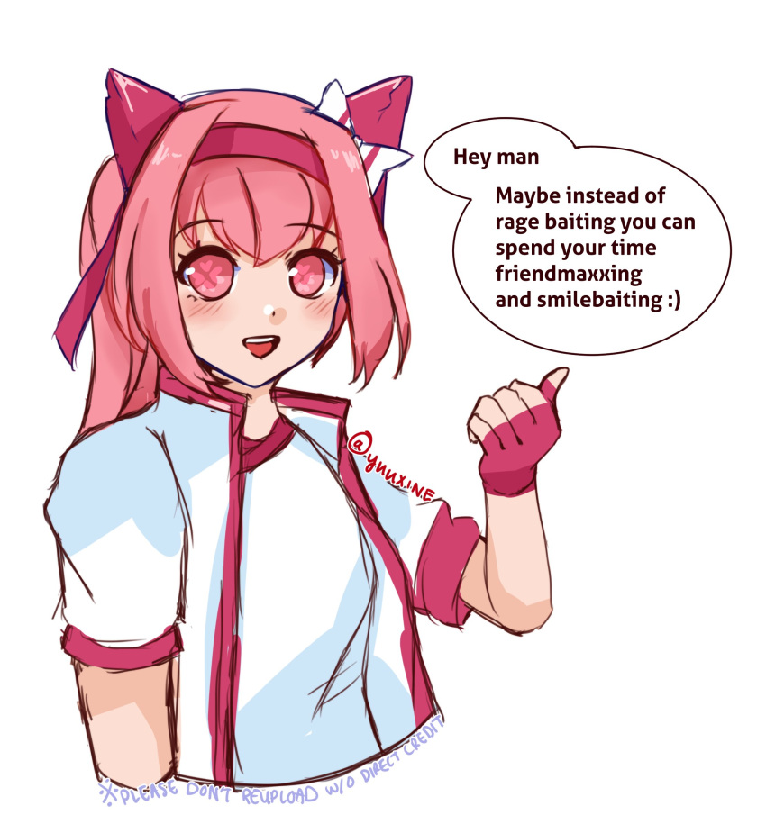 1girl, animal_ears, bow, cropped_torso, ear_bow, ear_covers, english_commentary, english_text