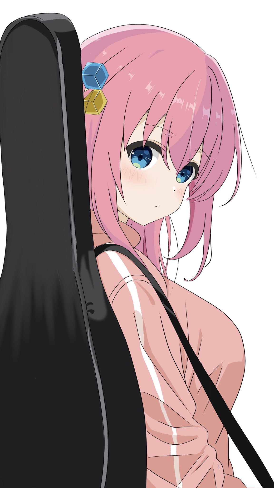 1girl, awaco_ruku, blue_eyes, blush, bocchi_the_rock!, breasts, cube_hair_ornament, from_behind