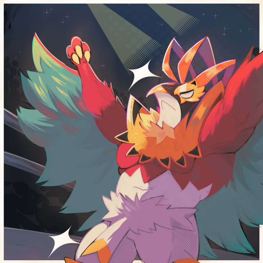 1other, absurdres, bird, blank_eyes, claws, feathers, furry, greenderg, hawlucha, highres, luchador, luchador_mask, mega_hawlucha, mega_pokemon, plume, pokemon, pokemon_(creature), pokemon_focus, pokemon_legends:_z-a, spotlight, star_(symbol), wing_cape, wings, wrestling_ring