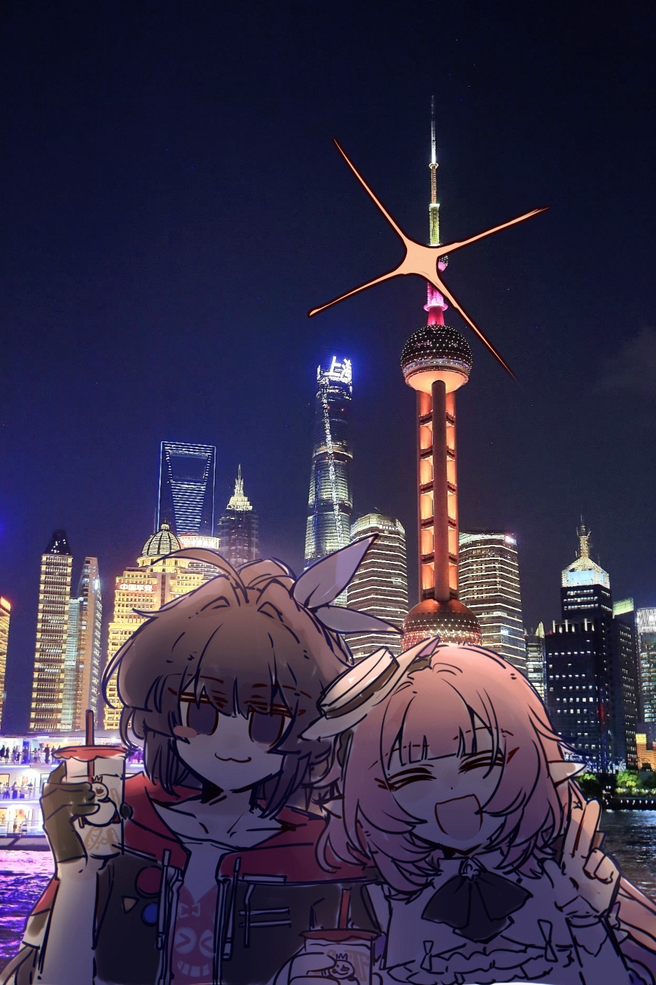 2girls, ahoge, bilizinger, black_jacket, building, chinese_commentary, commentary_request, cup, disposable_cup, dress, elf, elysia_(honkai_impact), elysia_(sweet_memories)_(honkai_impact), highres, holding, holding_cup, honkai_(series), honkai_impact_3rd, jacket, long_hair, multiple_girls, night, night_sky, official_alternate_costume, outdoors, photo_background, pink_hair, pointy_ears, purple_hair, raiden_mei, sky, skyscraper, smile, tilted_headwear, very_long_hair, violet_eyes, w, white_dress