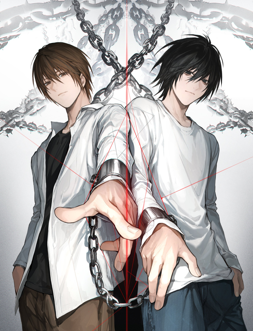 2boys, absurdres, black_hair, black_shirt, blue_pants, brown_eyes, brown_hair, brown_pants