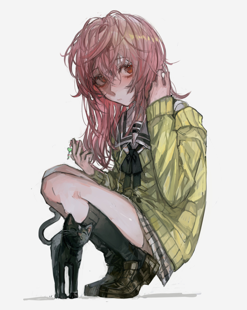 1girl, absurdres, adjusting_hair, black_bow, black_bowtie, black_cat, black_shoes, black_socks