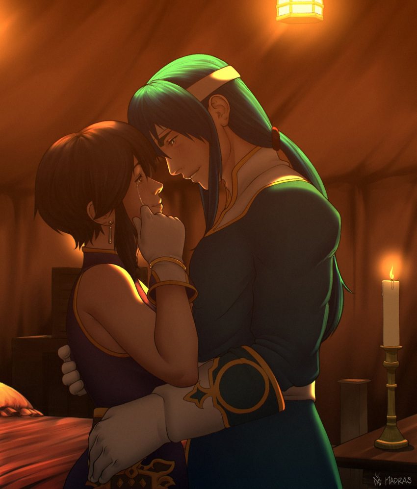 1boy, 1girl, bed, belt, black_hair, blue_hair, blush, bracelet