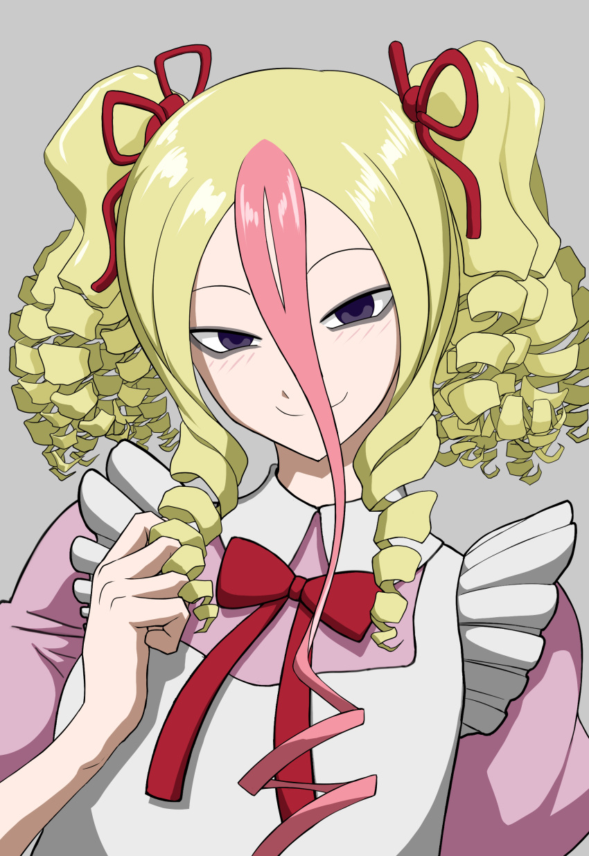 1girl, absurdres, apron, blonde_hair, blue_eyes, dress, hairband, highres, indie_virtual_youtuber, kyamuu, long_hair, multicolored_hair, neck_ribbon, pink_dress, pink_hair, ribbon, tanba_toshio, two-tone_hair, virtual_youtuber