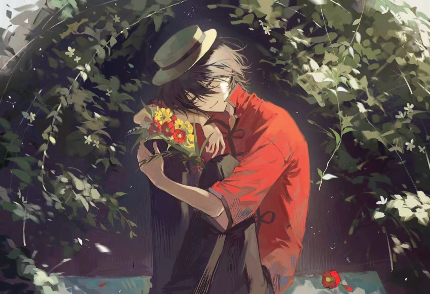 1boy, black_hair, black_pants, bouquet, chinese_clothes, closed_eyes, closed_mouth, daiba_shizuma