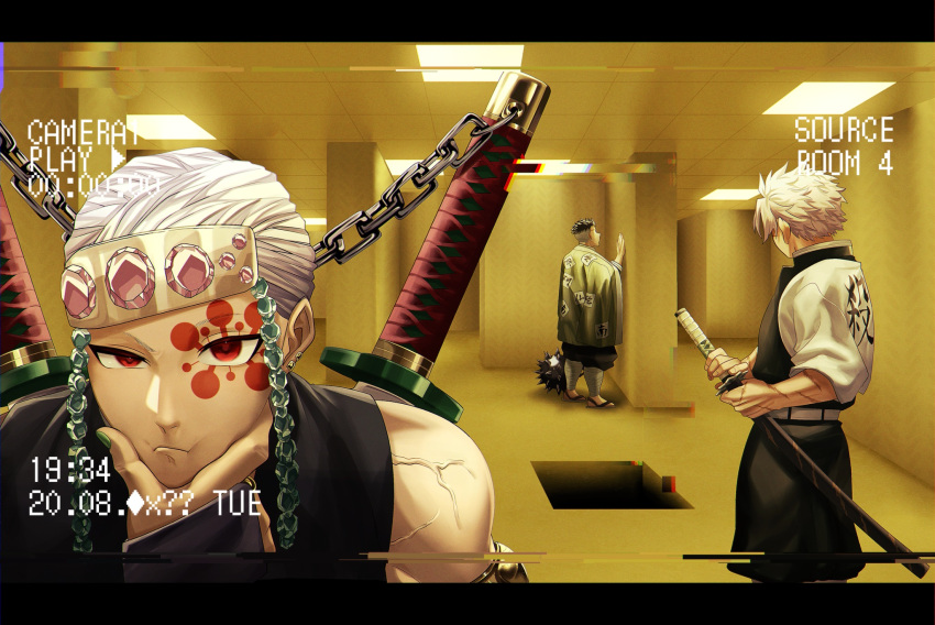 3boys, backrooms_(creepypasta), belt, black_hair, closed_mouth, clothes_writing, demon_slayer_uniform, english_text