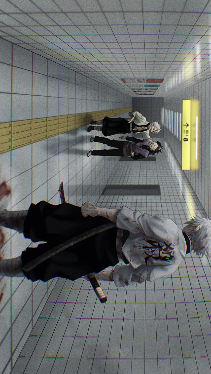 3boys, absurdres, black_hair, blood, closed_eyes, clothes_writing, demon_slayer_uniform, from_behind