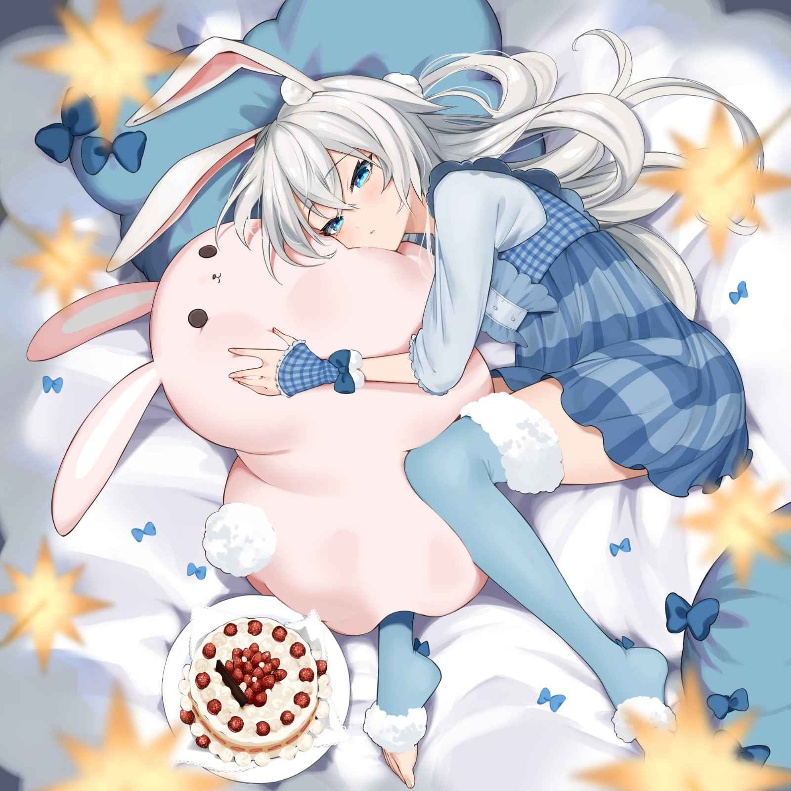 1girl, animal_ear_fluff, animal_ears, blue_bow, blue_dress, blue_eyes, blue_thighhighs, bow