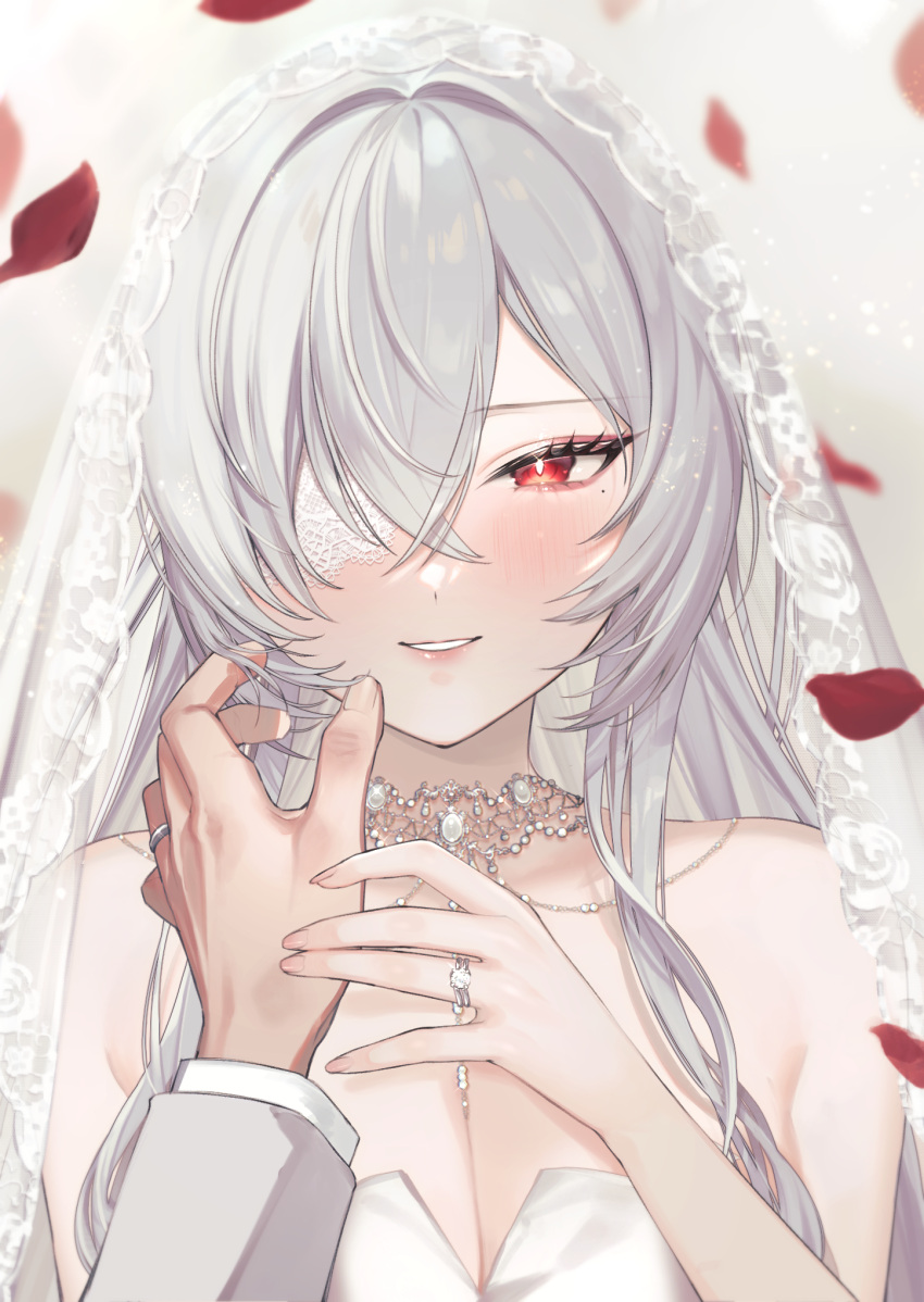 1boy, 1girl, azur_lane, blush, breasts, bridal_veil, dress, eyepatch