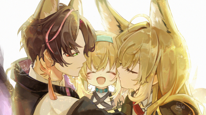 1boy, 2girls, animal_ears, black_hair, blonde_hair, blue_hairband, chinese_commentary, closed_eyes
