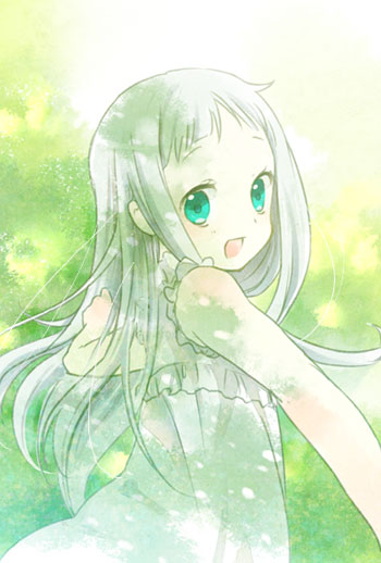 :d, aqua_eyes, dress, honma_meiko, koyu, long_hair, looking_back, open_mouth