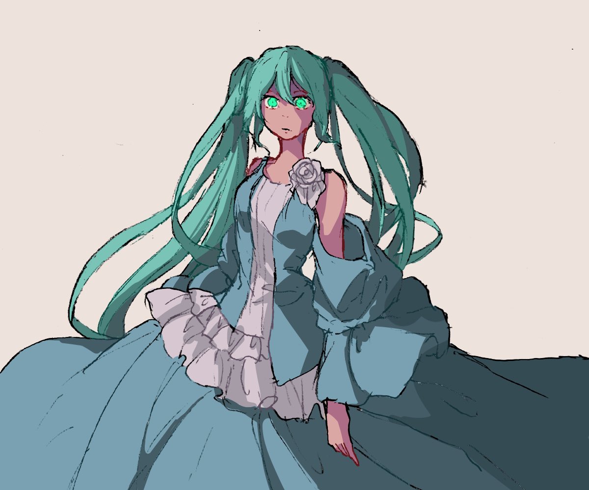 1girl, aqua_hair, asymmetrical_dress, baggy_clothes, bare_shoulders, blue_dress, closed_mouth, clothing_cutout