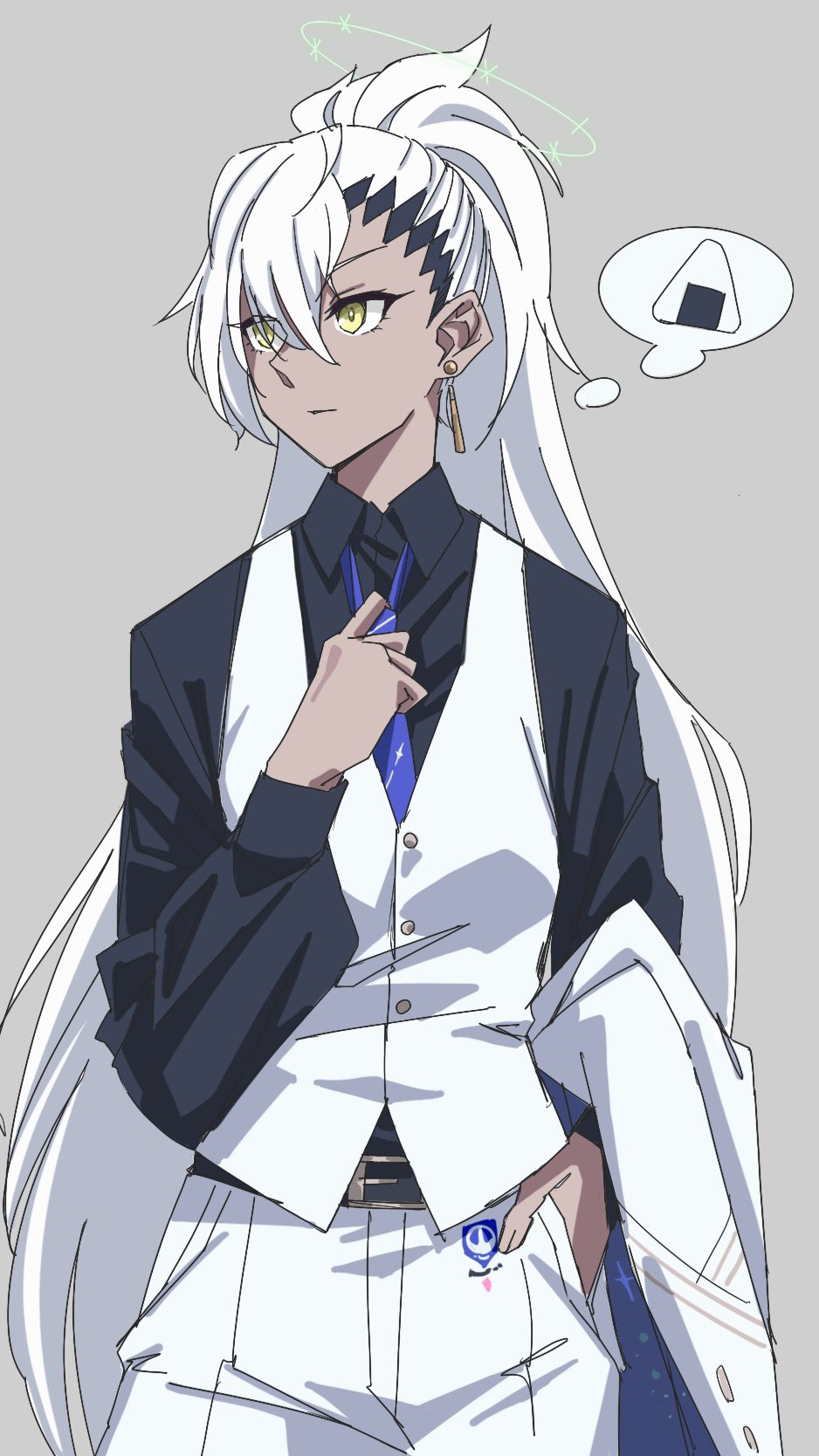 1girl, adjusting_clothes, adjusting_necktie, black_shirt, blue_necktie, closed_mouth, collared_shirt, commentary