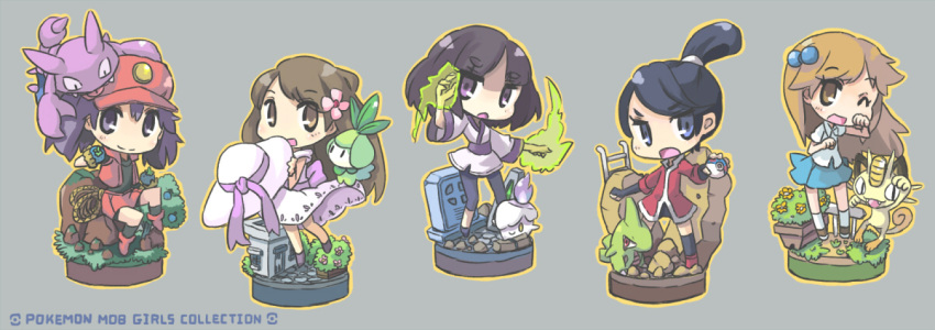 5girls, ace_trainer_(pokemon), annotated, black_hair, brown_hair, chibi, dress, faux_figurine
